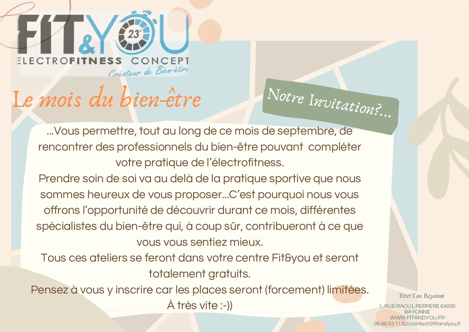 En Septembre, Sophrologie et soins énergétiques lors du mois du Bien-être au centre FIT&You Bayonne